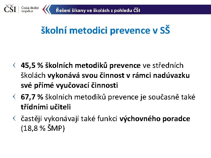 Řešení šikany ve školách z pohledu ČŠI školní metodici prevence v SŠ 45, 5