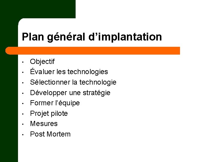 Plan général d’implantation • • Objectif Évaluer les technologies Sélectionner la technologie Développer une