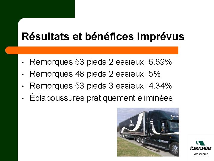Résultats et bénéfices imprévus • • Remorques 53 pieds 2 essieux: 6. 69% Remorques