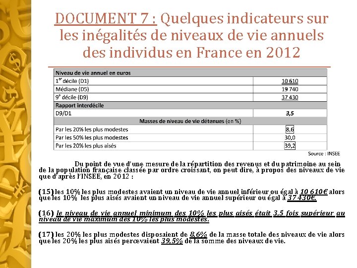 DOCUMENT 7 : Quelques indicateurs sur les inégalités de niveaux de vie annuels des