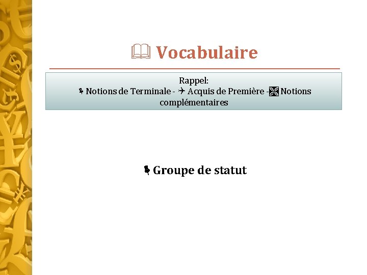  Vocabulaire Rappel: Notions de Terminale - Acquis de Première - Notions complémentaires Groupe