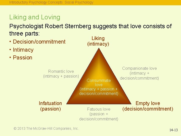 Introductory Psychology Concepts: Social Psychology Liking and Loving Psychologist Robert Sternberg suggests that love