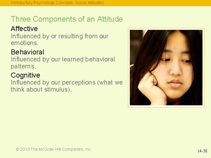 Introductory Psychology Concepts: Social Attitudes Three Components of an Attitude Affective Influenced by or