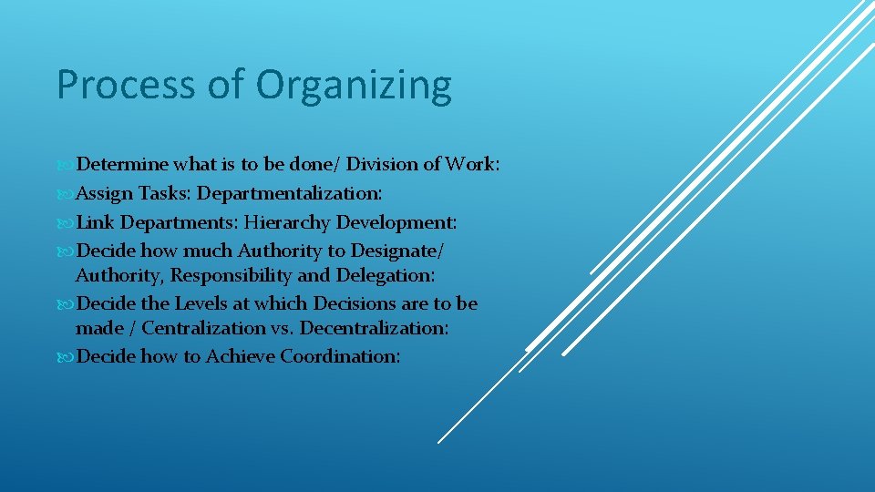 Process of Organizing Determine what is to be done/ Division of Work: Assign Tasks: