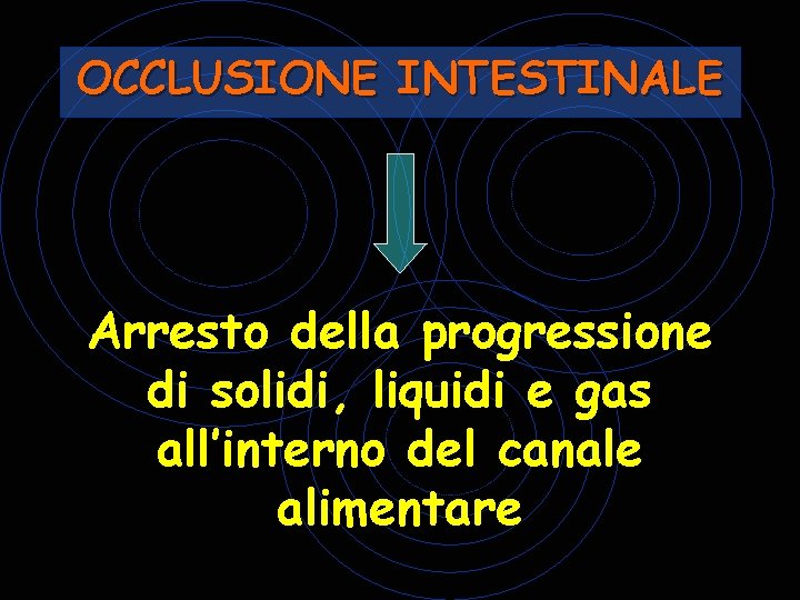 OCCLUSIONE INTESTINALE Arresto della progressione di solidi, liquidi e gas all’interno del canale alimentare OCCLUSIONE INTESTINALE Arresto della progressione di solidi, liquidi e gas all’interno del canale alimentare