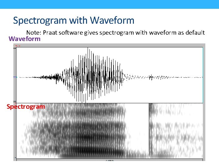 Spectrogram with Waveform Note: Praat software gives spectrogram with waveform as default Waveform Spectrogram