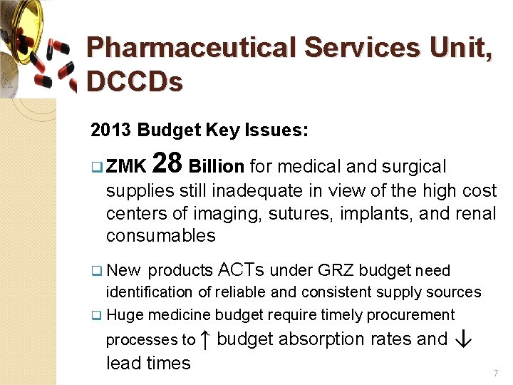 Pharmaceutical Services Unit, DCCDs 2013 Budget Key Issues: q ZMK 28 Billion for medical
