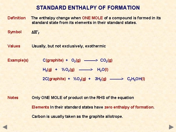 STANDARD ENTHALPY OF FORMATION Definition The enthalpy change when ONE MOLE of a compound