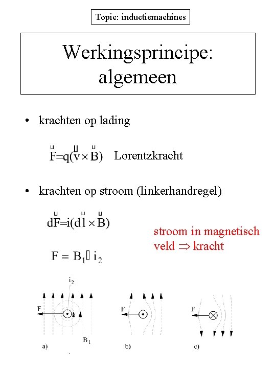 Topic: inductiemachines Werkingsprincipe: algemeen • krachten op lading Lorentzkracht • krachten op stroom (linkerhandregel)