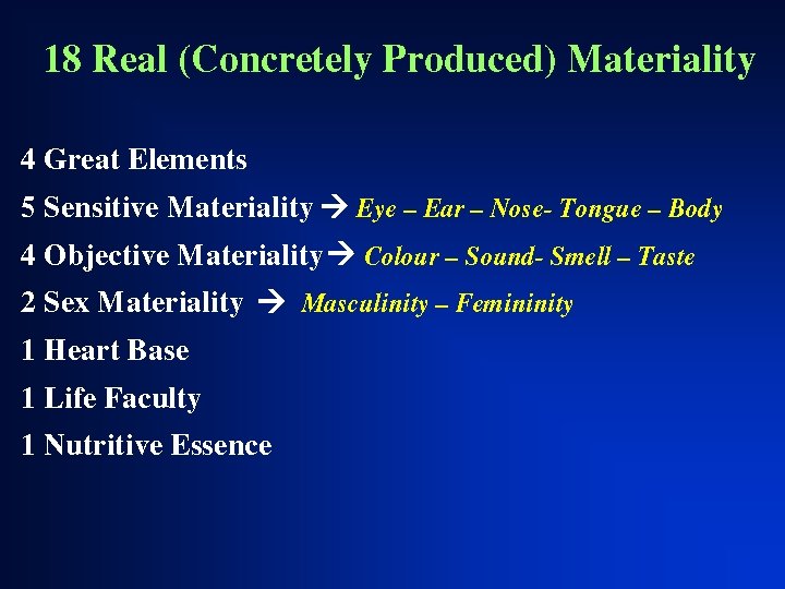 18 Real (Concretely Produced) Materiality 4 Great Elements 5 Sensitive Materiality Eye – Ear