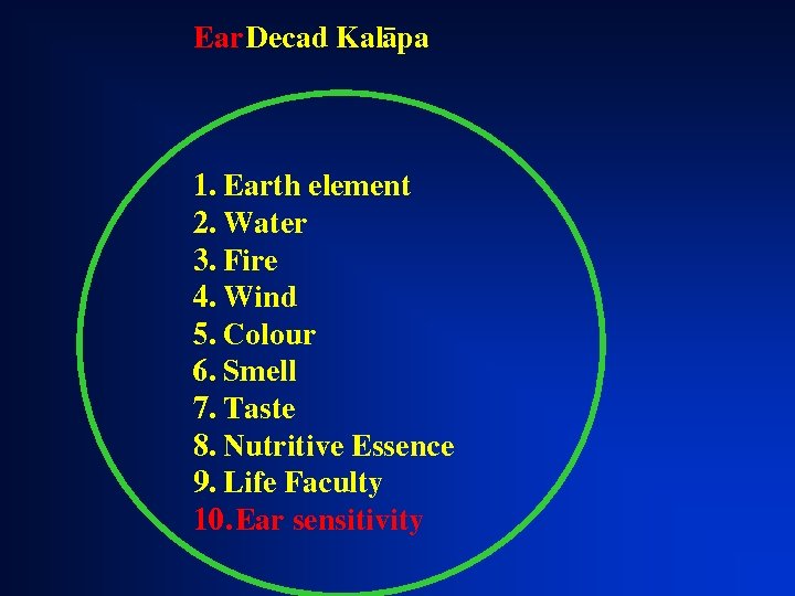 Ear Decad Kalàpa 1. Earth element 2. Water 3. Fire 4. Wind 5. Colour