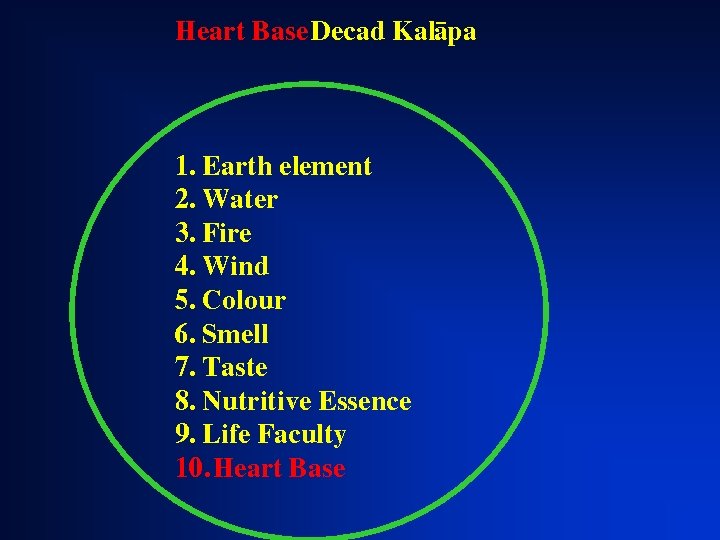 Heart Base Decad Kalàpa 1. Earth element 2. Water 3. Fire 4. Wind 5.