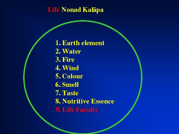 Life Nonad Kalàpa 1. Earth element 2. Water 3. Fire 4. Wind 5. Colour