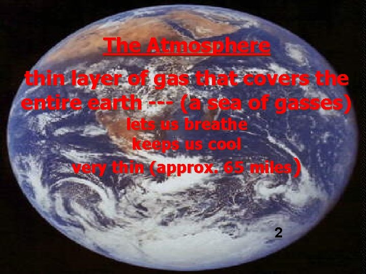 The Atmosphere thin layer of gas that covers the entire earth --- (a sea