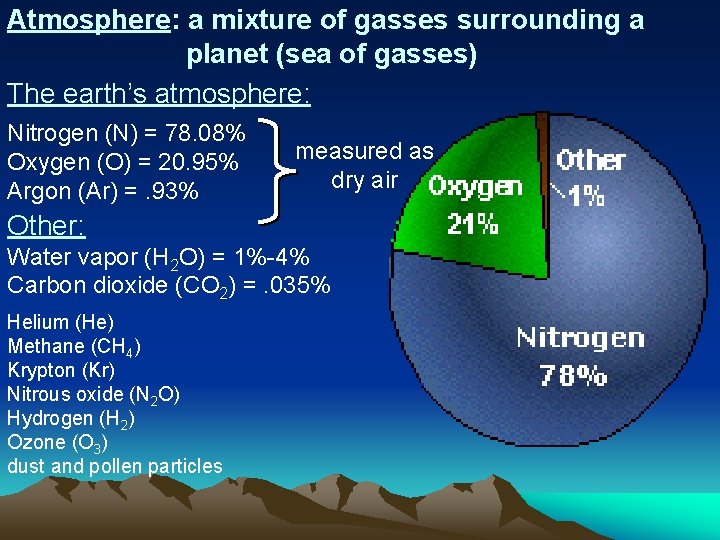 Atmosphere: a mixture of gasses surrounding a planet (sea of gasses) The earth’s atmosphere: