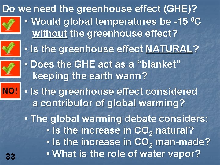 Do we need the greenhouse effect (GHE)? • Would global temperatures be -15 0