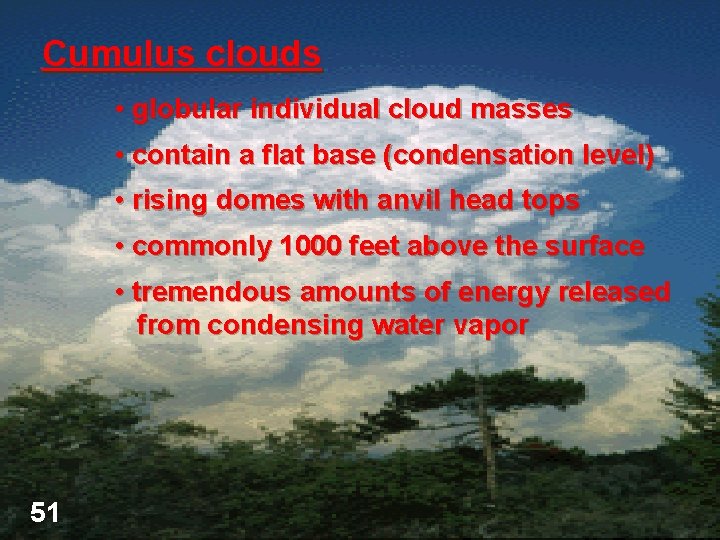 Cumulus clouds • globular individual cloud masses • contain a flat base (condensation level)