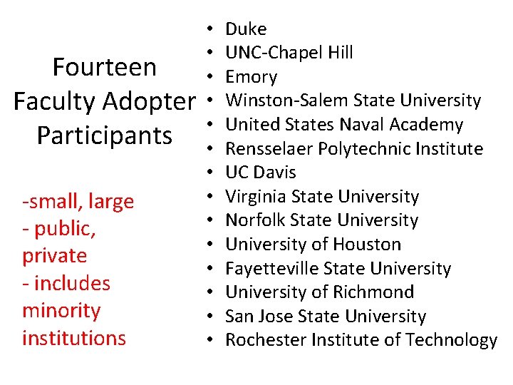 Fourteen Faculty Adopter Participants -small, large - public, private - includes minority institutions •