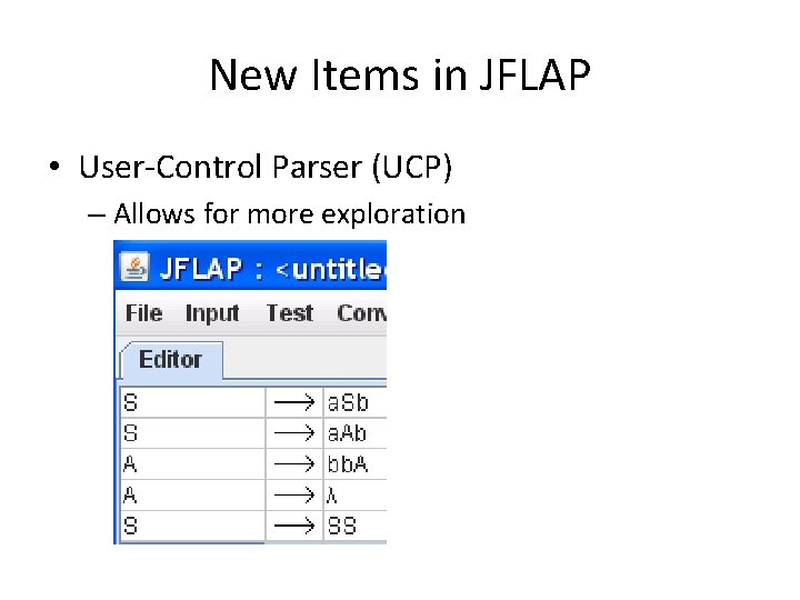 New Items in JFLAP • User-Control Parser (UCP) – Allows for more exploration 