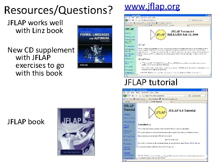 Resources/Questions? www. jflap. org JFLAP works well with Linz book New CD supplement with