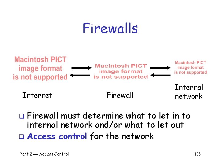 Firewalls Internet Firewall Internal network Firewall must determine what to let in to internal