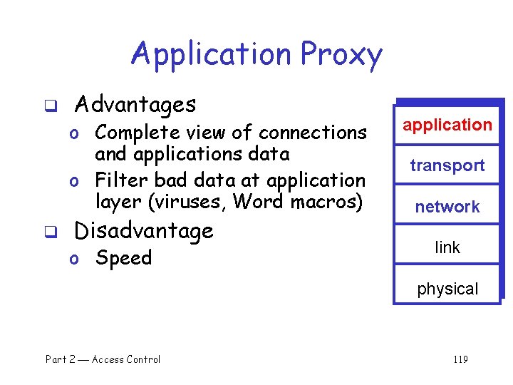 Application Proxy q Advantages o Complete view of connections and applications data o Filter