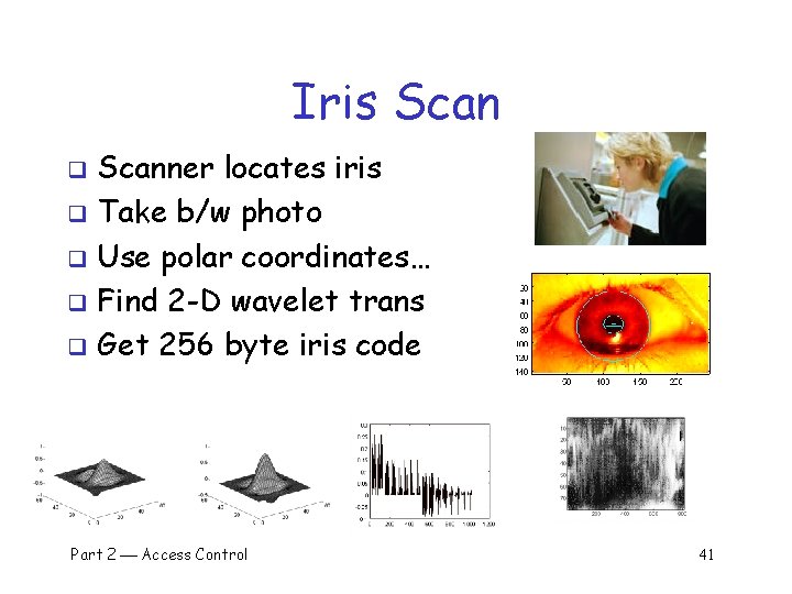 Iris Scanner locates iris q Take b/w photo q Use polar coordinates… q Find