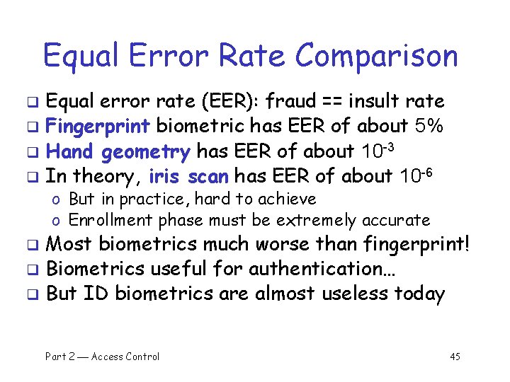 Equal Error Rate Comparison Equal error rate (EER): fraud == insult rate q Fingerprint