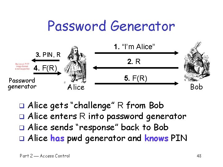 Password Generator 1. “I’m Alice” 3. PIN, R 2. R 4. F(R) Password generator