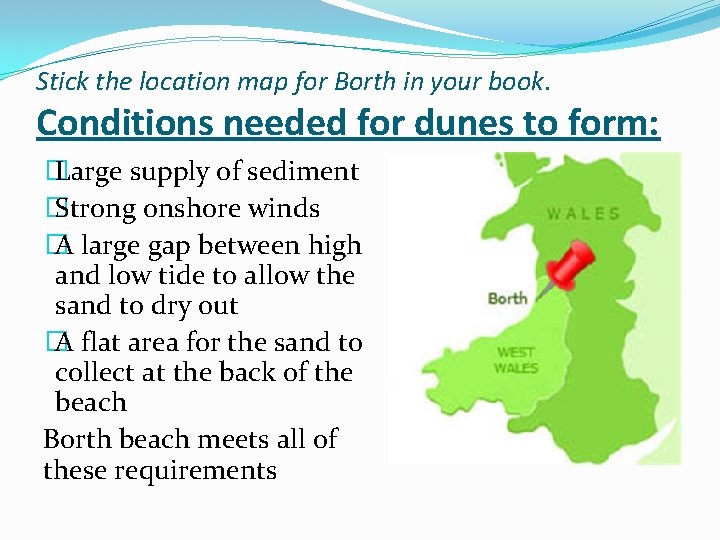 Stick the location map for Borth in your book. Conditions needed for dunes to