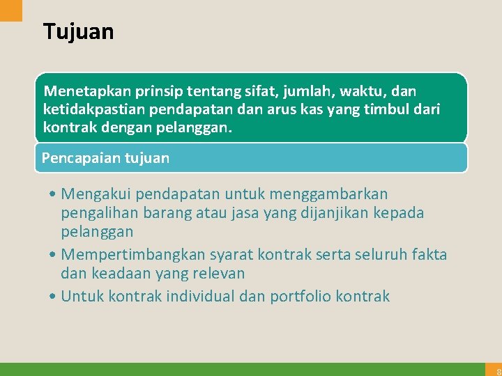 Tujuan Menetapkan prinsip tentang sifat, jumlah, waktu, dan ketidakpastian pendapatan dan arus kas yang