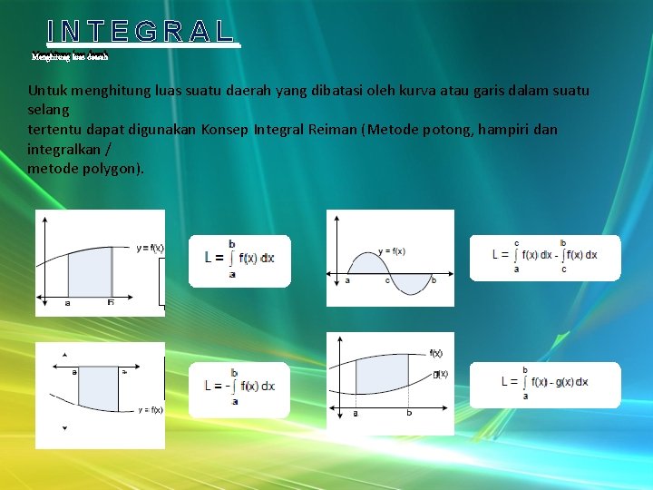 INTEGRAL Menghitung luas daerah Untuk menghitung luas suatu daerah yang dibatasi oleh kurva atau