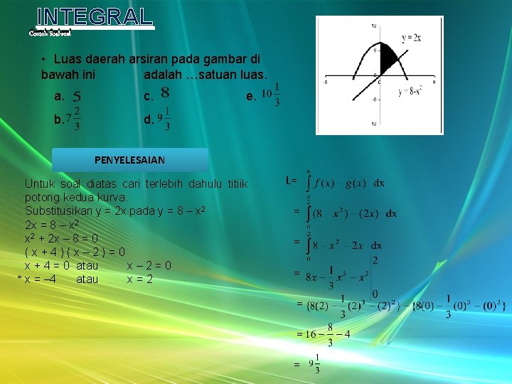 INTEGRAL Contoh Soal-soal • Luas daerah arsiran pada gambar di bawah ini adalah …satuan