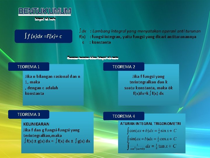 BENTUK UMUM Integral tak tentu f (x)dx =F(x)+ c dx : Lambang integral yang