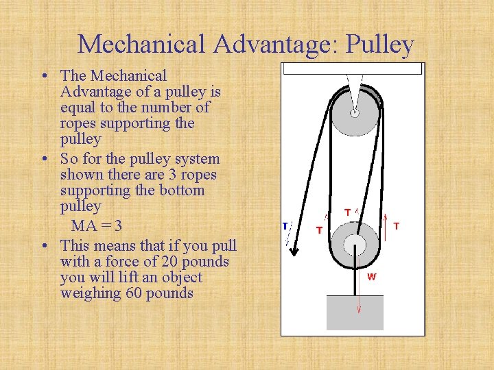 Mechanical Advantage: Pulley • The Mechanical Advantage of a pulley is equal to the