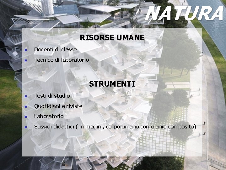 NATURA RISORSE UMANE n Docenti di classe n Tecnico di laboratorio STRUMENTI n Testi