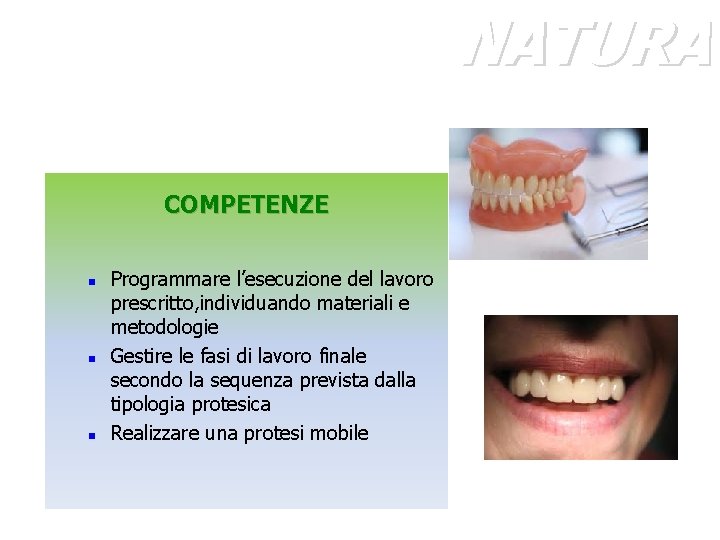 NATURA COMPETENZE n n n Programmare l’esecuzione del lavoro prescritto, individuando materiali e metodologie