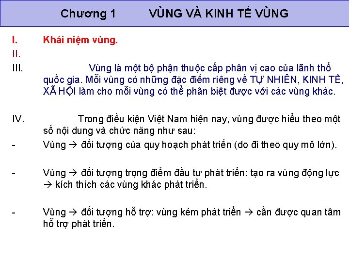 Chương 1 VÙNG VÀ KINH TẾ VÙNG I. III. Khái niệm vùng. IV. Trong