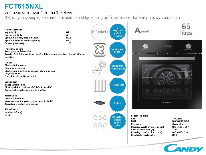 FCT 615 NXL Vestavná ventilovaná trouba Timeless 65 l, dotykový displej se zamačkávacími knoflíky,