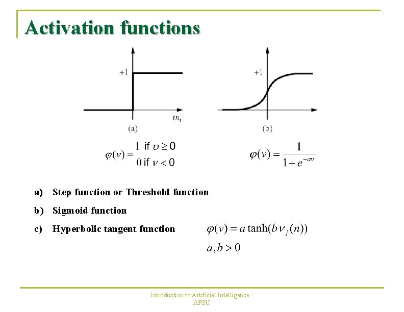 Activation functions a) Step function or Threshold function b) Sigmoid function c) Hyperbolic tangent