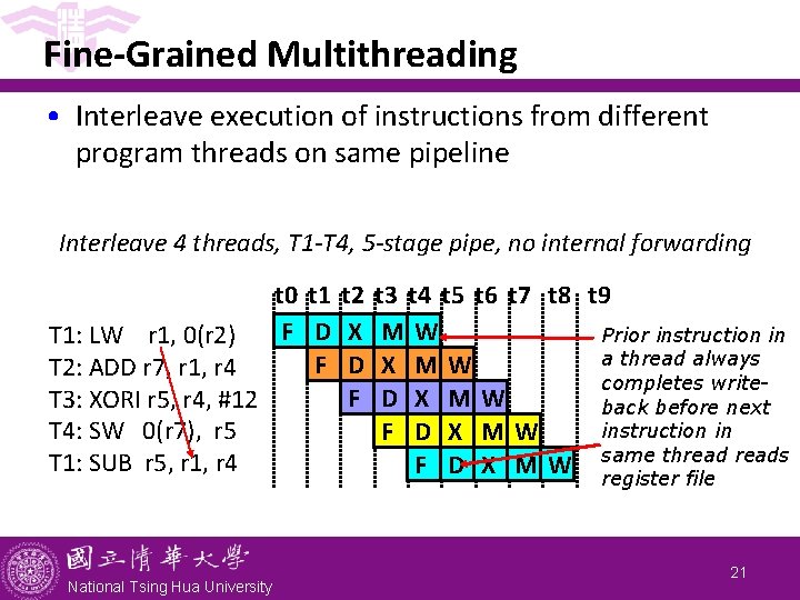 Fine-Grained Multithreading • Interleave execution of instructions from different program threads on same pipeline Fine-Grained Multithreading • Interleave execution of instructions from different program threads on same pipeline