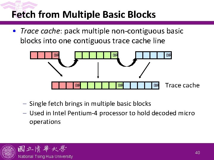 Fetch from Multiple Basic Blocks • Trace cache: pack multiple non-contiguous basic blocks into Fetch from Multiple Basic Blocks • Trace cache: pack multiple non-contiguous basic blocks into