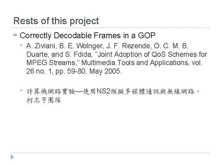 Rests of this project Correctly Decodable Frames in a GOP A. Ziviani, B. E.