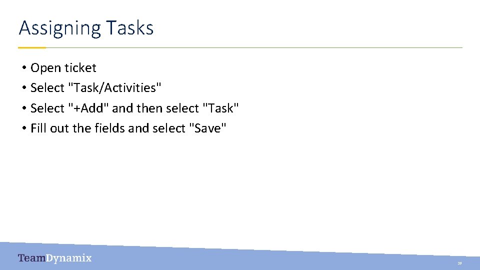 Assigning Tasks • Open ticket • Select "Task/Activities" • Select "+Add" and then select