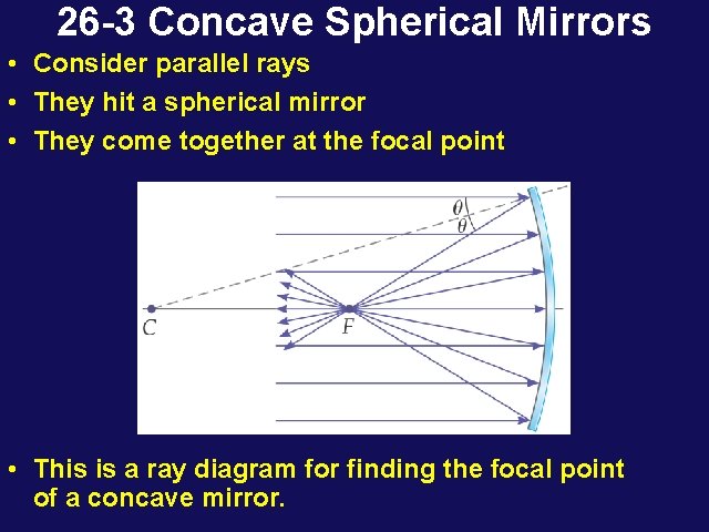 26 -3 Concave Spherical Mirrors • Consider parallel rays • They hit a spherical