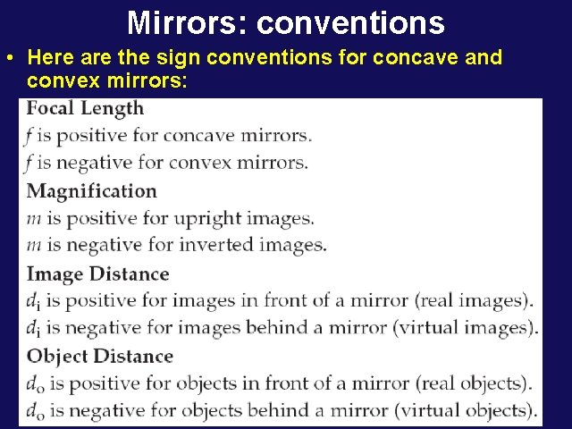 Mirrors: conventions • Here are the sign conventions for concave and convex mirrors: 