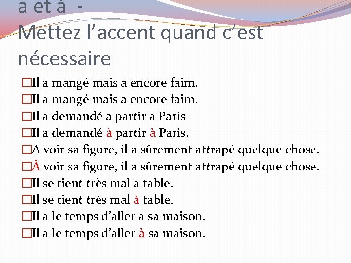 a et à Mettez l’accent quand c’est nécessaire �Il a mangé mais a encore