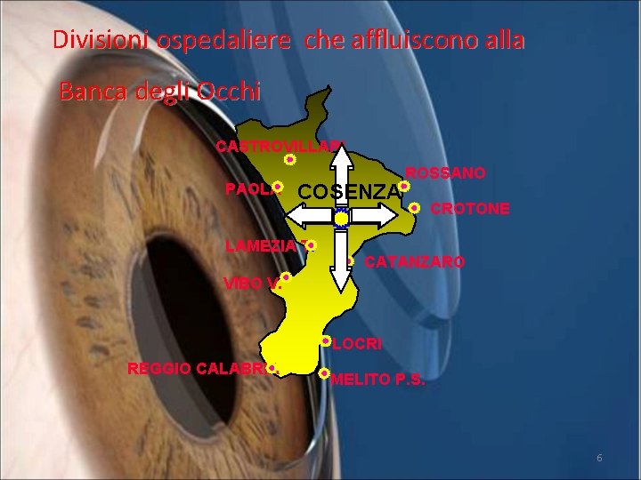 Divisioni ospedaliere che affluiscono alla Banca degli Occhi CASTROVILLARI PAOLA COSENZA LAMEZIA T. ROSSANO