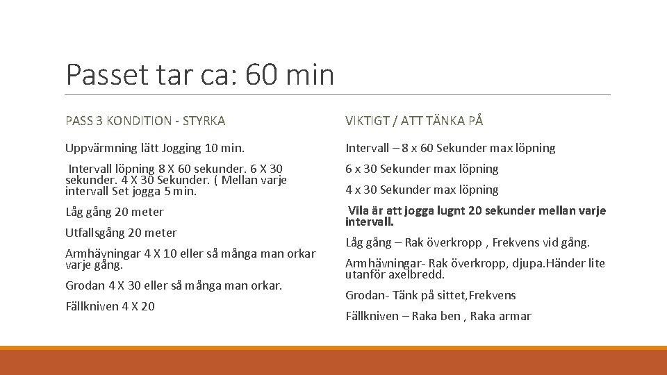 Passet tar ca: 60 min PASS 3 KONDITION - STYRKA VIKTIGT / ATT TÄNKA