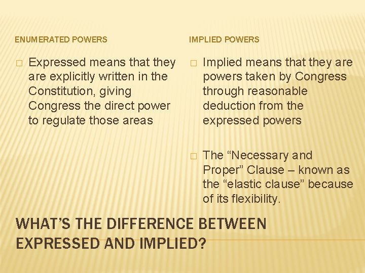 ENUMERATED POWERS � Expressed means that they are explicitly written in the Constitution, giving